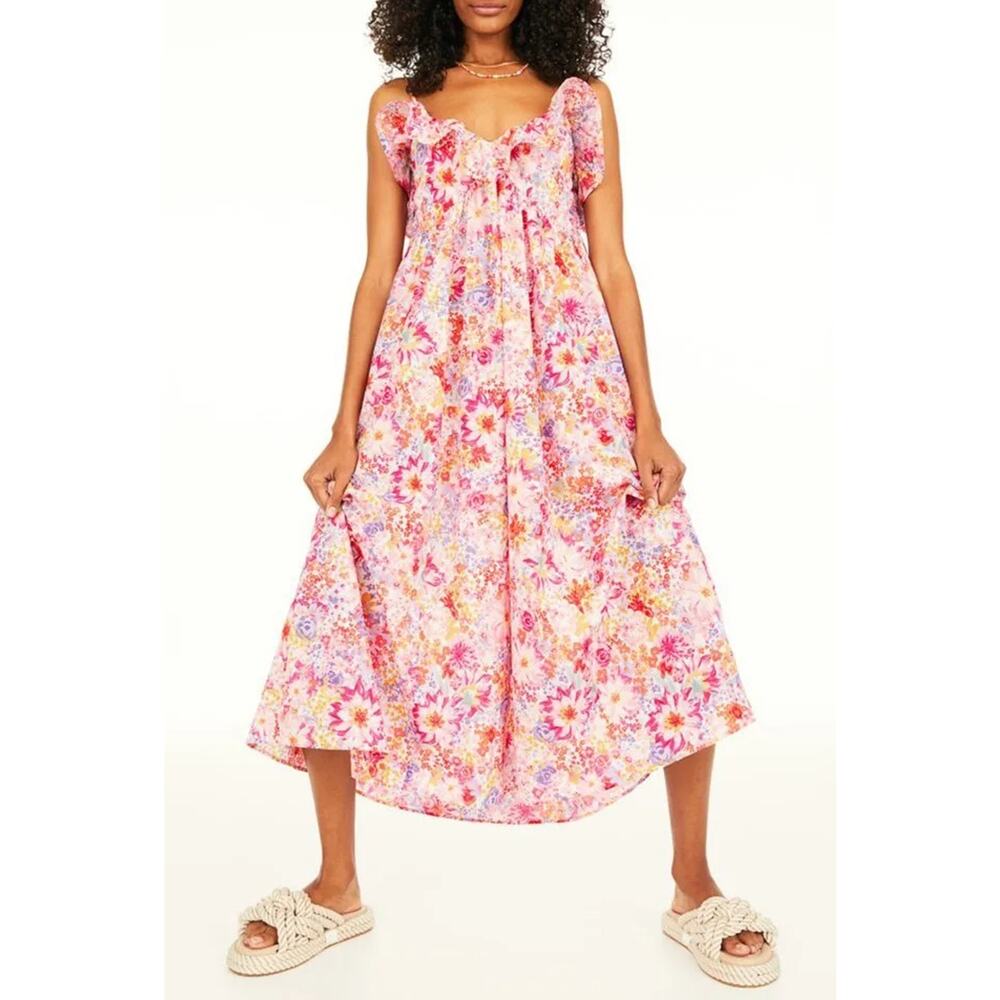 H&M Pink Multi Floral Ruffle Flounced Midi Dress XL Boho Feminine 100% Cotton